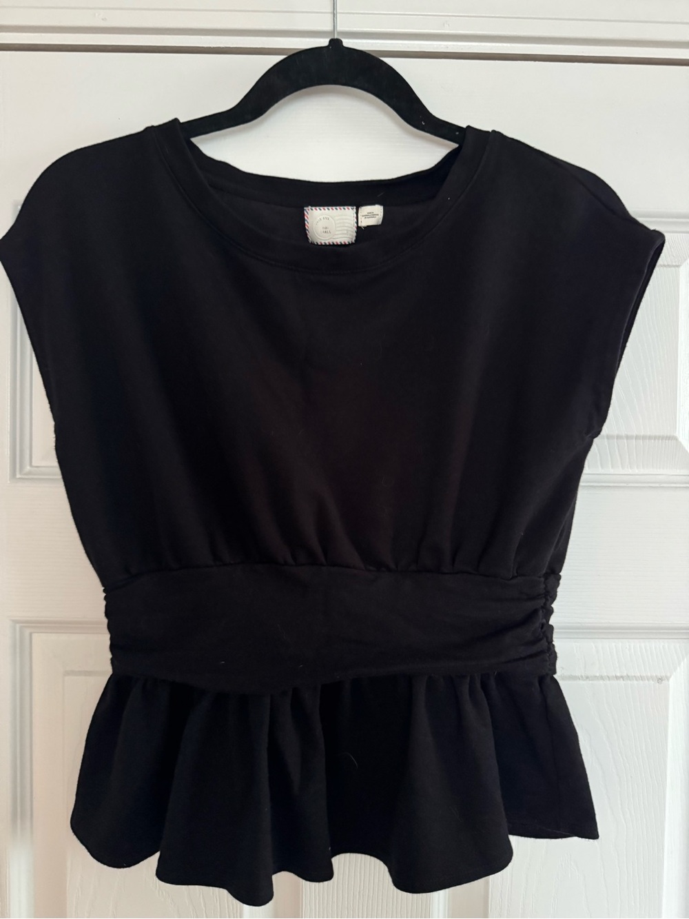 Anthropologie Black Peplum Waist Cap-Sleeve Top